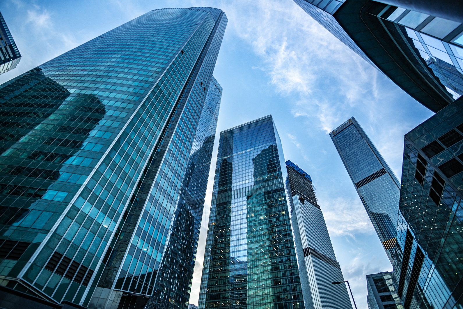 Corporate business building against blue sky